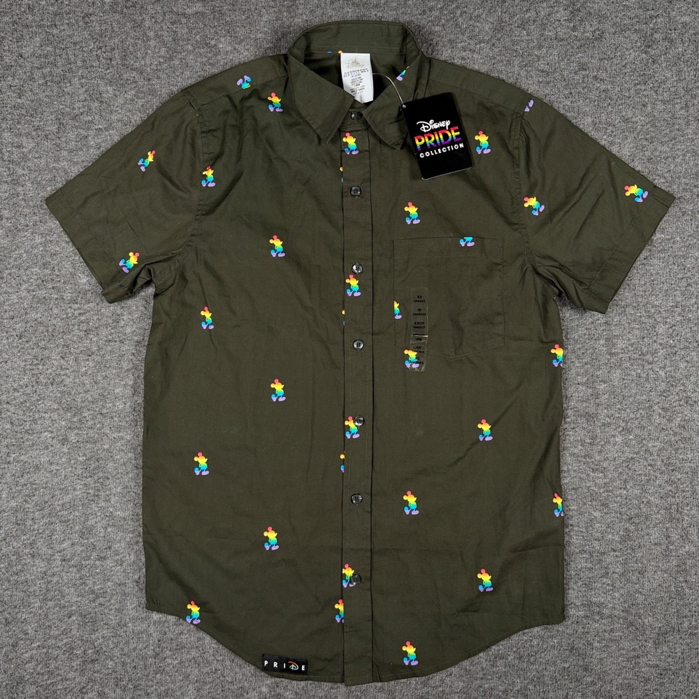 Disney Pride Shirt Mens XS Green Rainbow Mickey Mouse Short Sleeve Button Up NWT